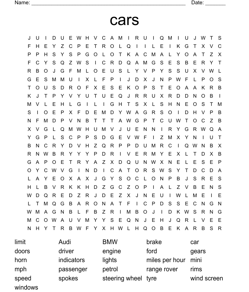 Car parts word search