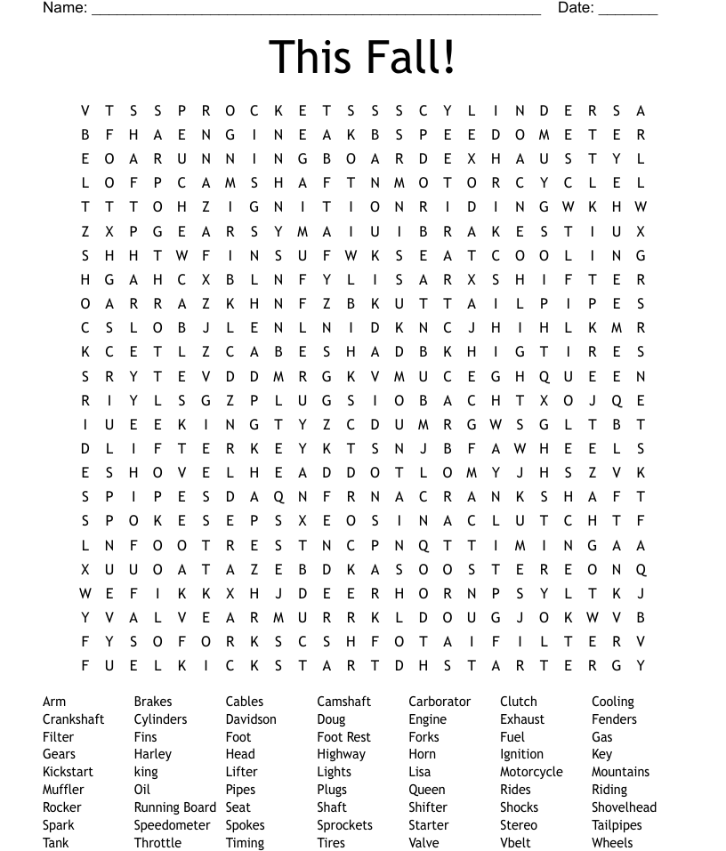 Parts of a car word search