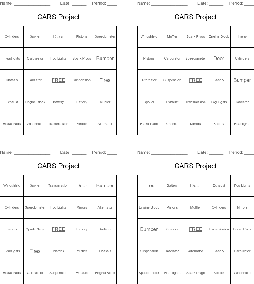 Parts of a car word search