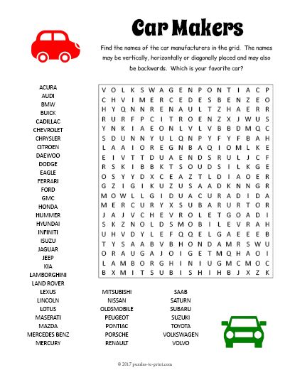 Free printable car makers word search word find word puzzles writing lessons