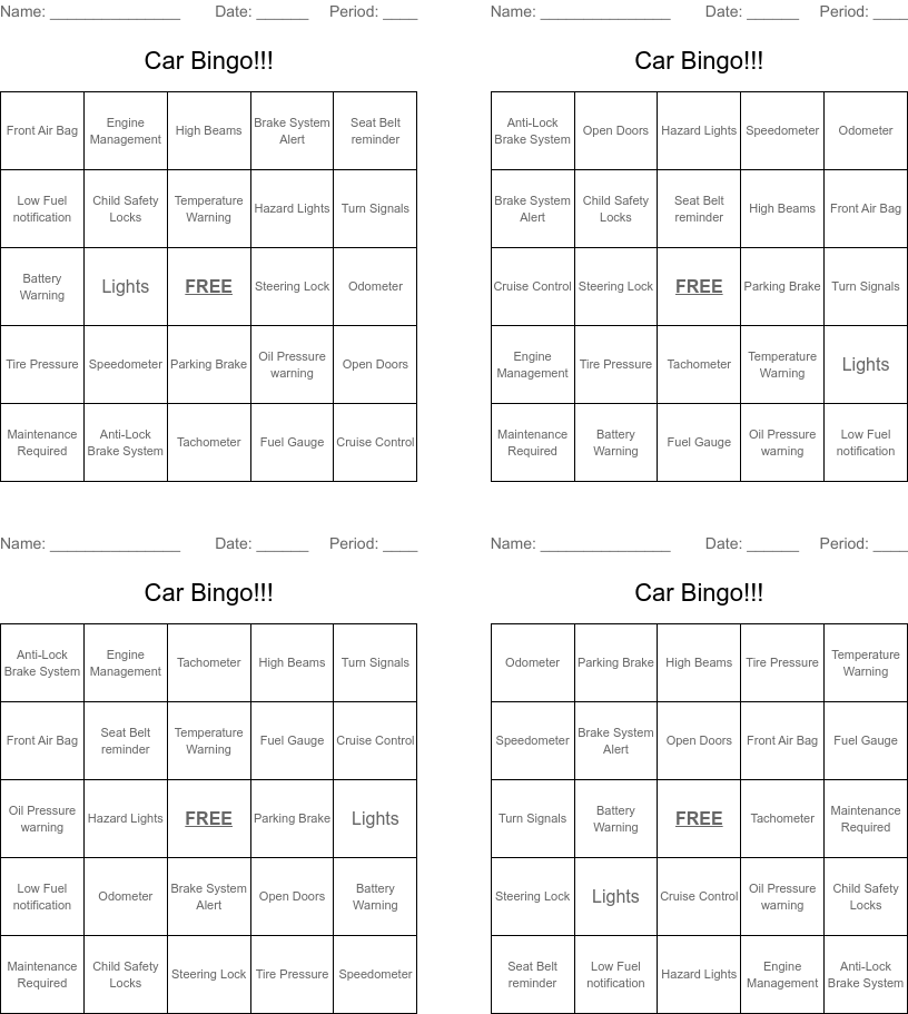 Parts of a car word search