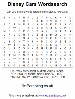 Disney cars printable wordsearch