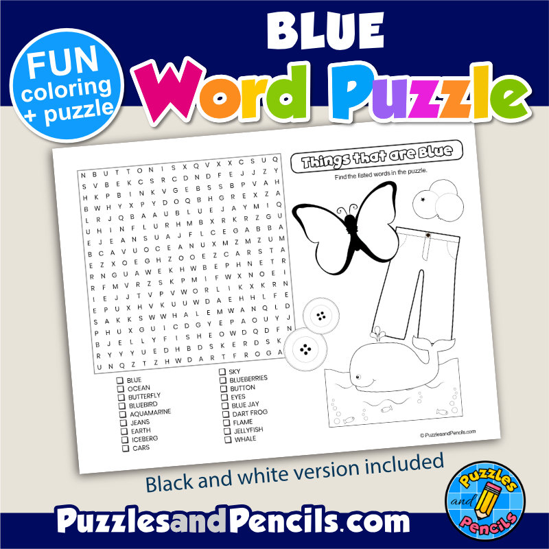 Things that are blue word search puzzle and coloring color wordsearch made by teachers