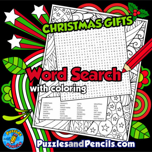 Christmas gifts word search puzzle activity page with coloring wordsearch made by teachers