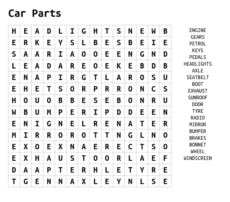 Car word search free activity shelter
