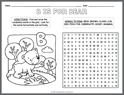 Bear word search coloring page