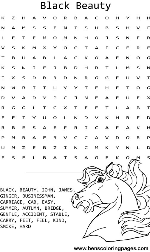 Black beauty word search coloring page