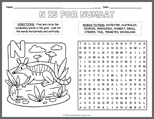 Numbat word search coloring page