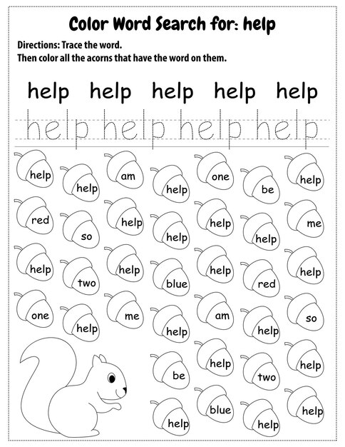 Premium vector sight words search educational worksheet for preschool and primary school learning coloring pages