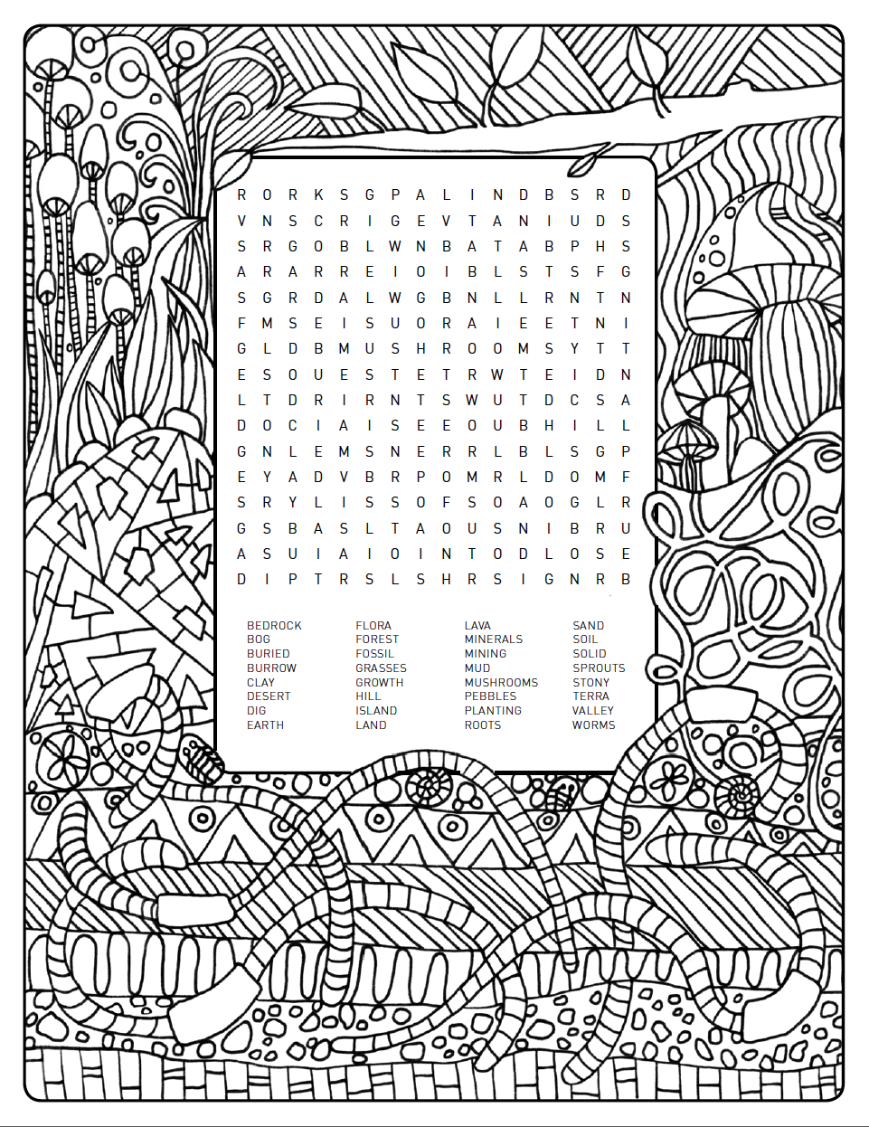 Word search colouring page earth