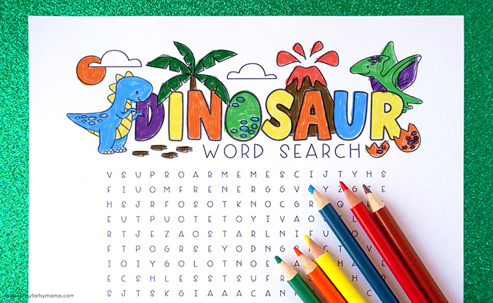 Free printable dinosaur word search coloring page artsy