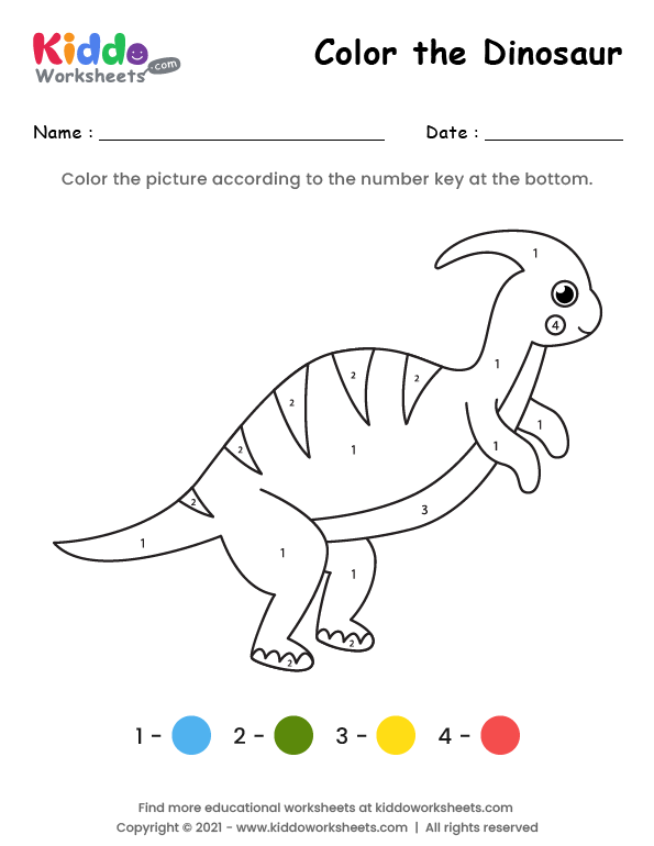 Free printable color the dinosaur worksheet