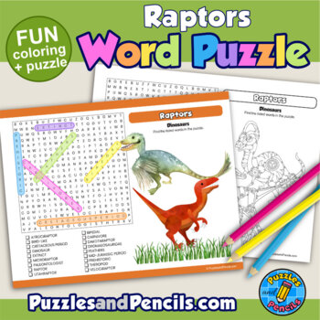 Dinosaurs word search puzzle with coloring activity page raptors