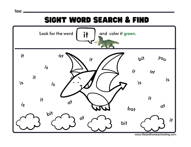 Dinosaur sight word search find printable activity