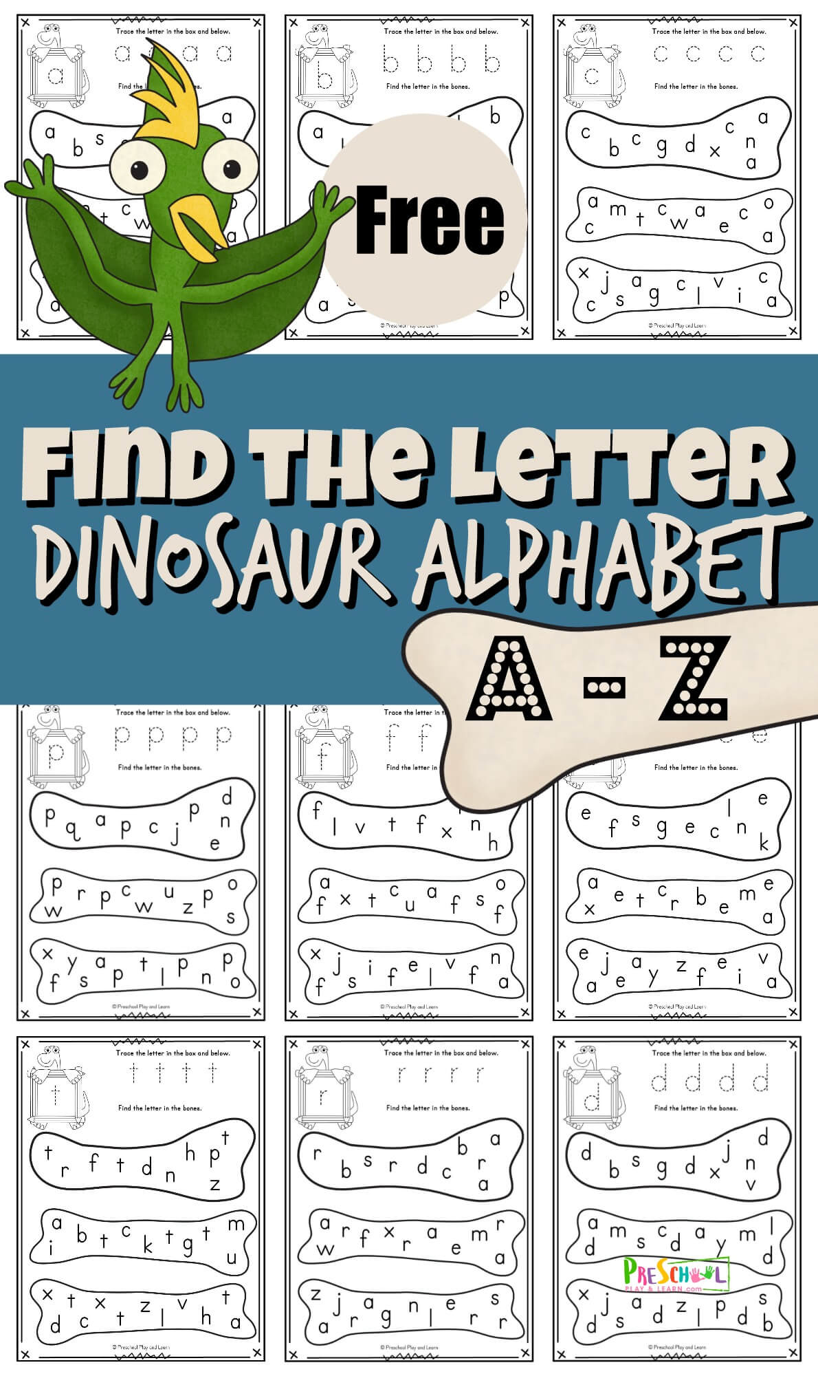 Free free printable find the letter dinosaur alphabet worksheets