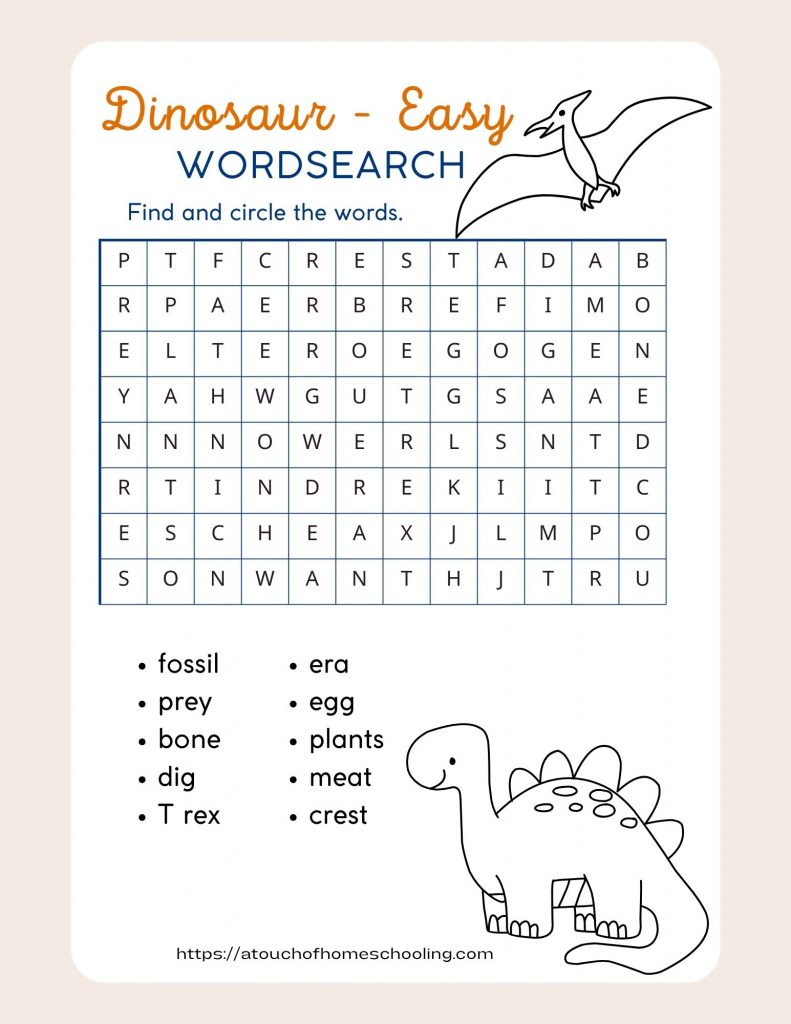 Free printable dinosaur word search for kids