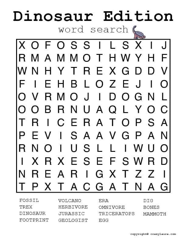 Discover the world of dinosaurs with free word search game sheets