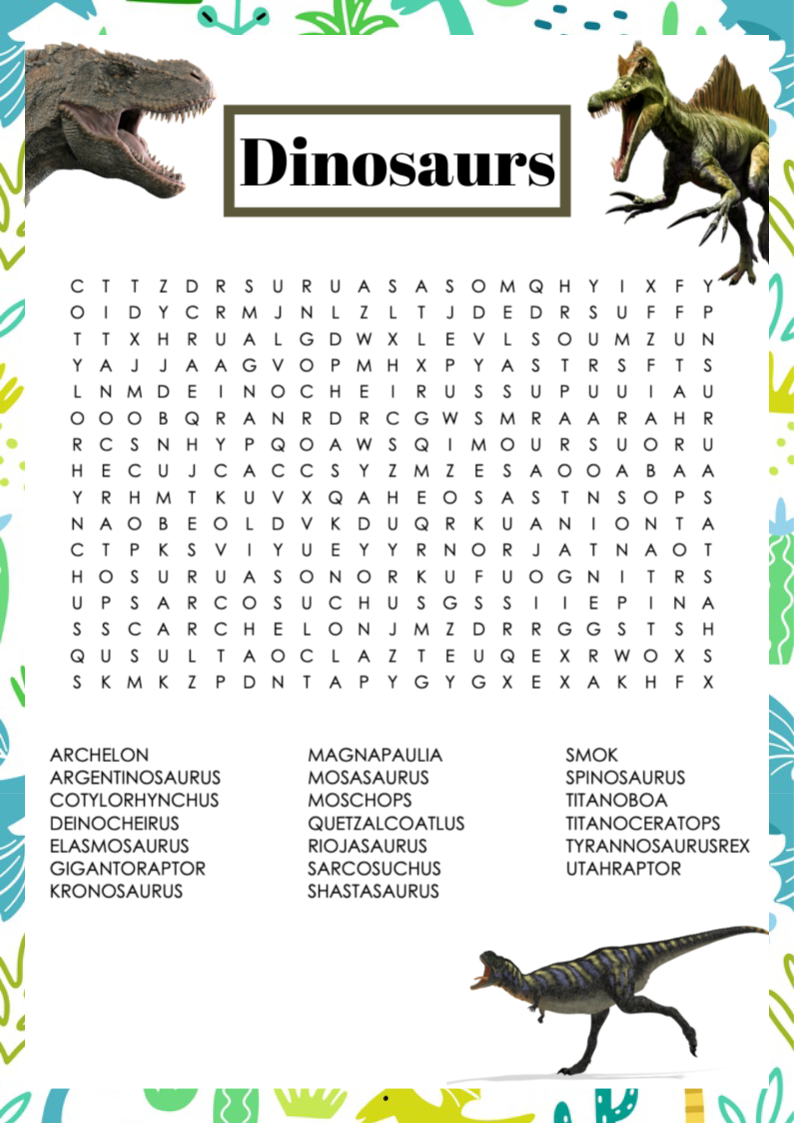 Free printable dinosaur word search activity