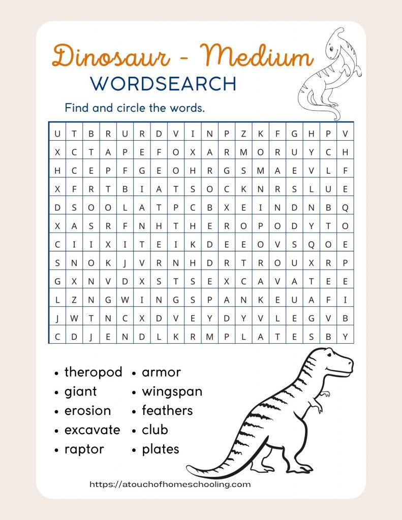 Free printable dinosaur word search for kids