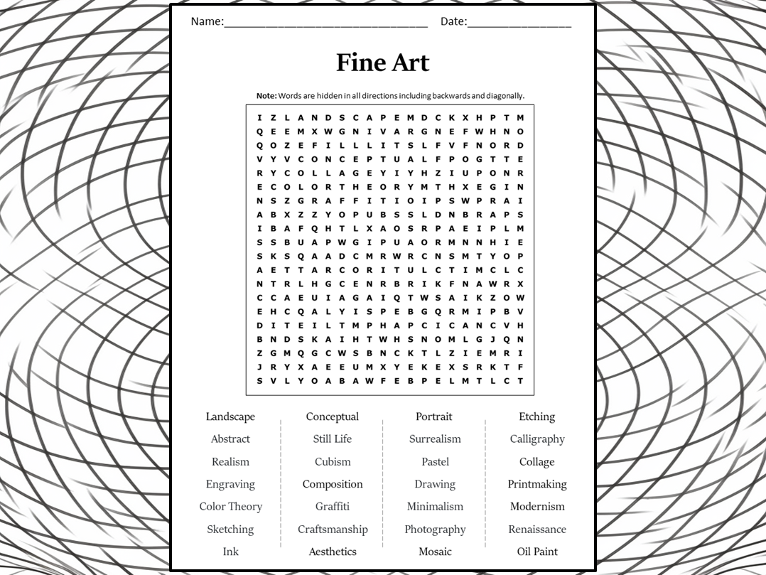 Fine art word search puzzle worksheet activity teaching resources