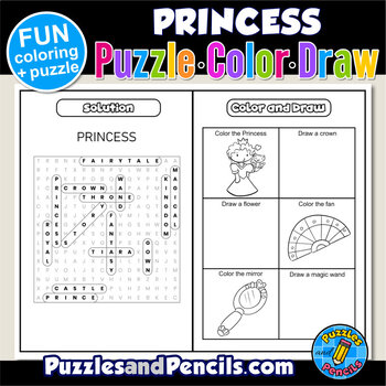 Princess word search puzzle and coloring activity page puzzle color draw