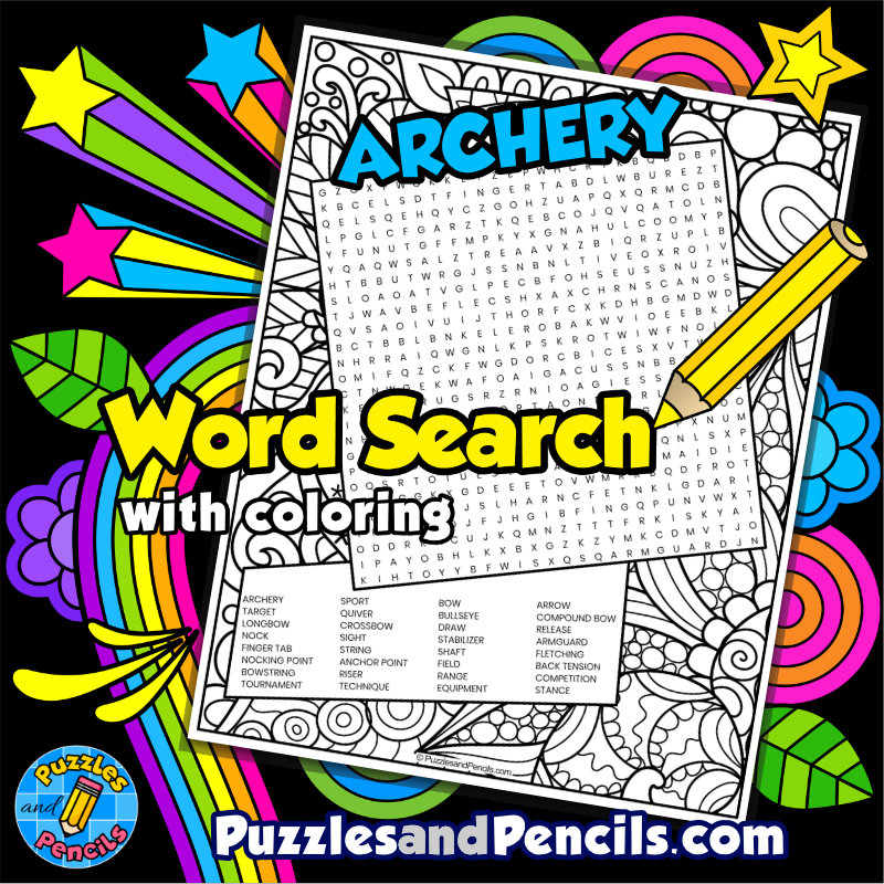 Archery word search puzzle activity with coloring made by teachers