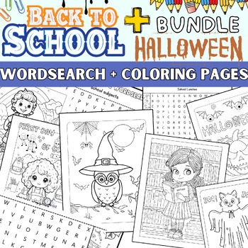 Back to school and halloween coloring sheets and word search puzzle