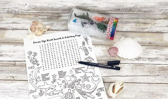 Ocean animal sensory bottle and word search