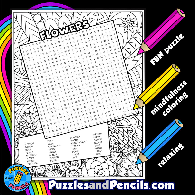 Flowers word search puzzle with coloring valentines day wordsearch made by teachers