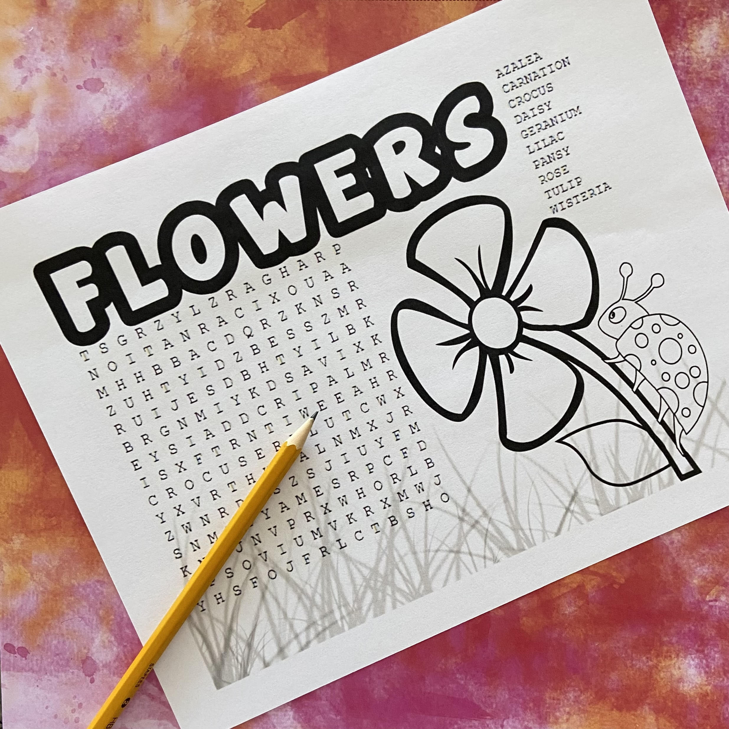 Printable flower word search and coloring page