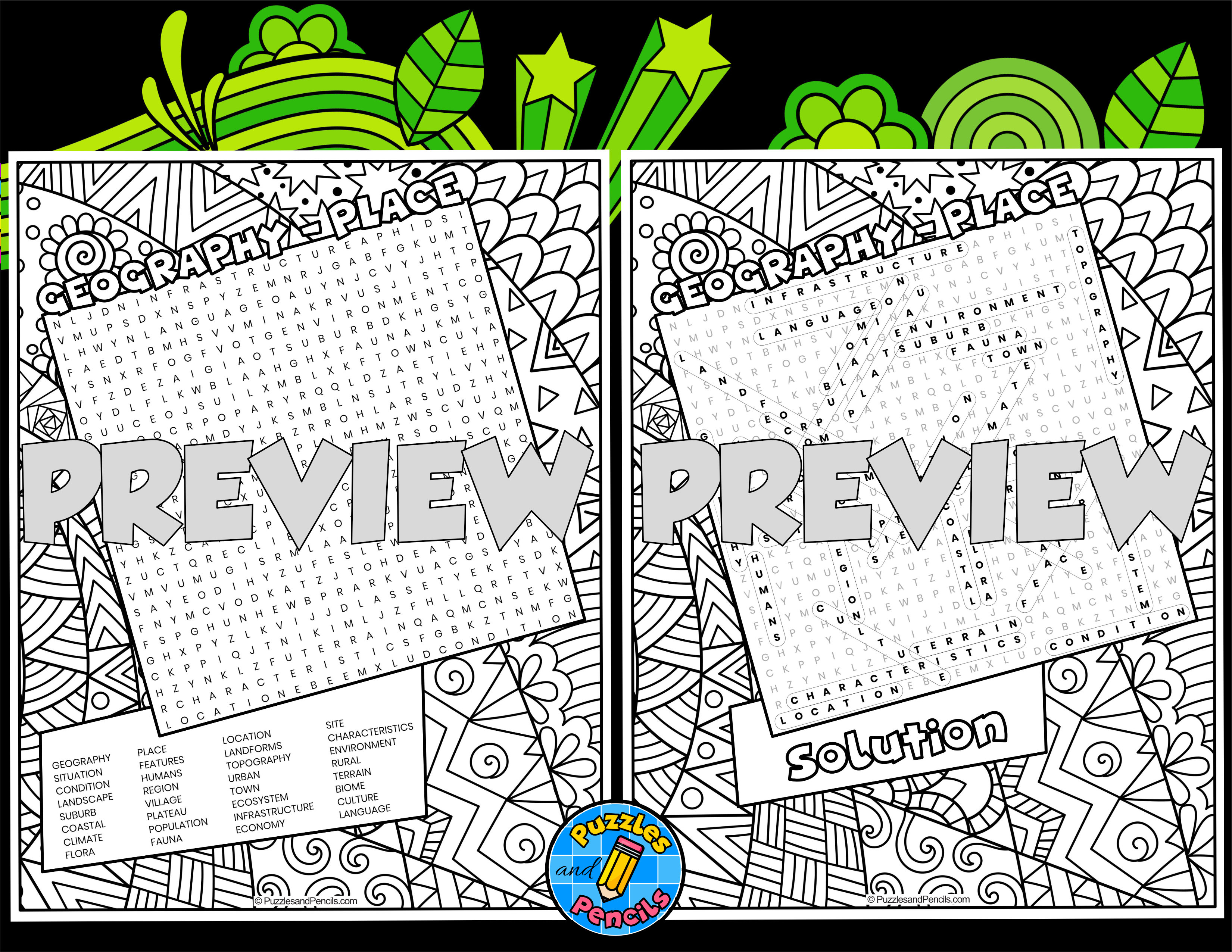 Place word search puzzle with colouring five themes of geography teaching resources