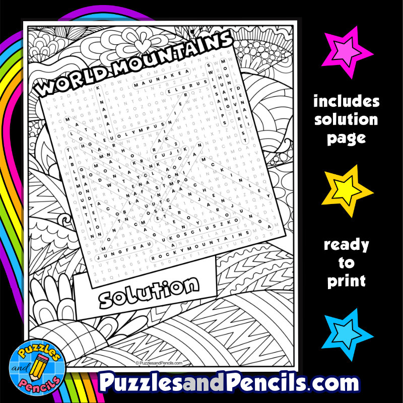 World mountains word search puzzle activity page with coloring geography awareness week made by teachers