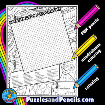 Washington geography word search puzzle activity page with coloring