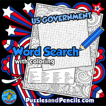 Us government word search puzzle activity page with coloring civics