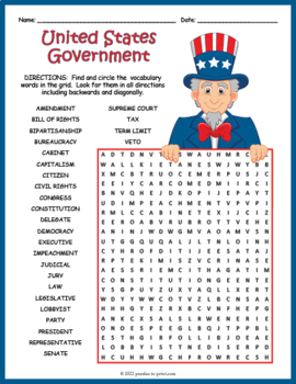 The us government civics word search puzzle worksheet activity