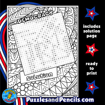 Democracy word search puzzle activity page with coloring us government