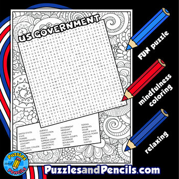 Us government word search puzzle activity page with coloring civics