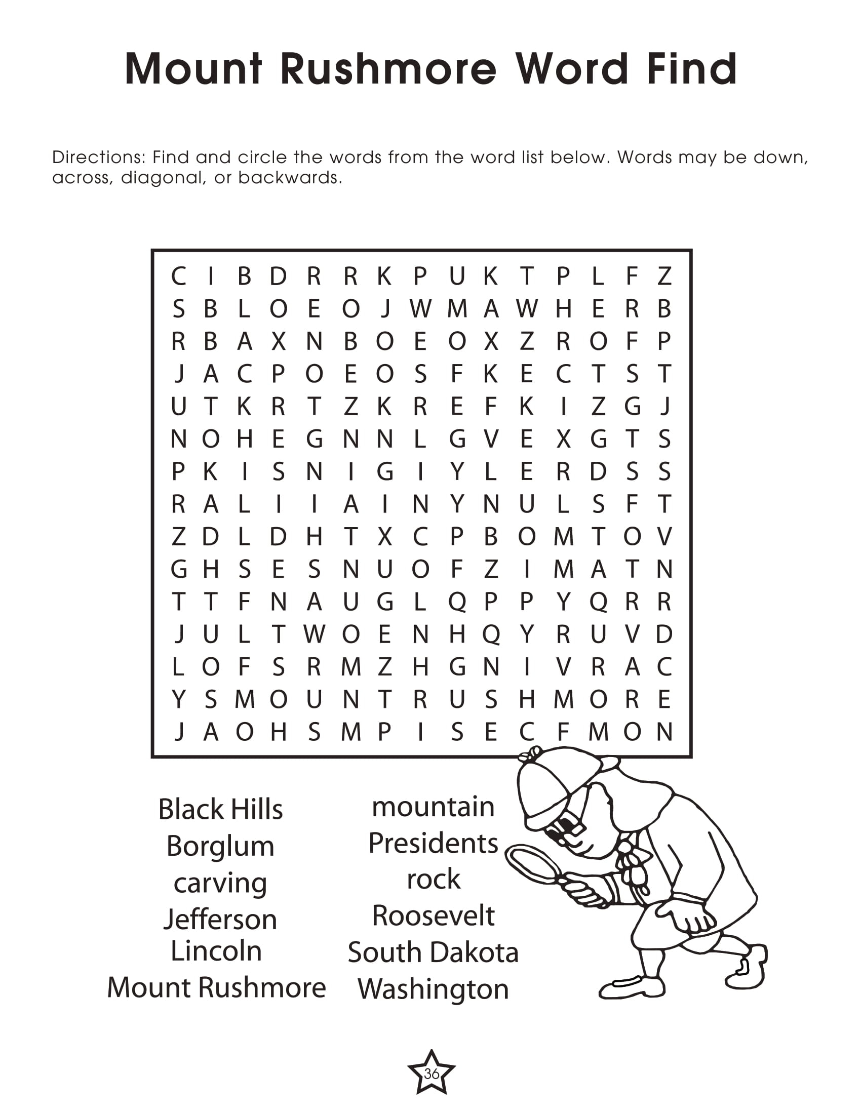 Mount rushmore word search worksheet free printable puzzle games