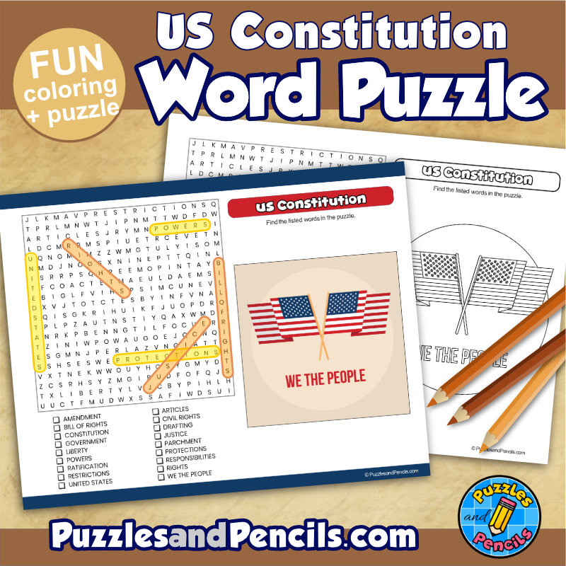 Us constitution word search puzzle activity and coloring constitution day wordsearch made by teachers