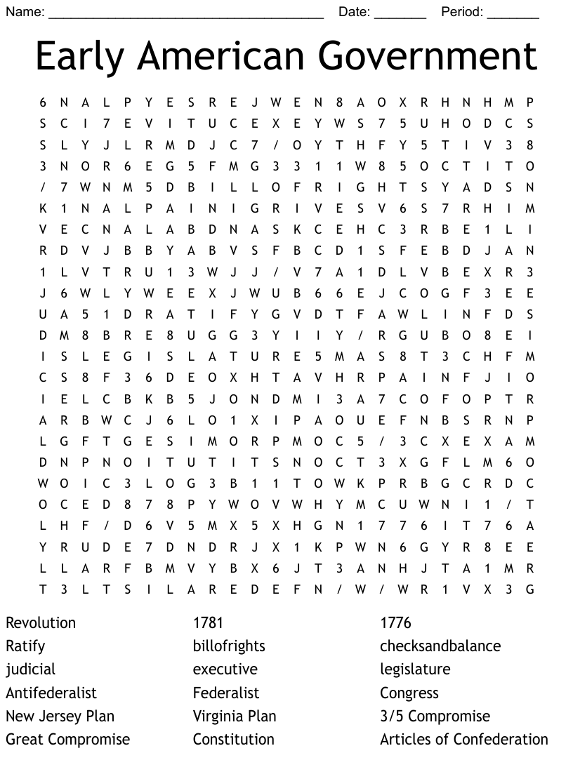 Early american government word search