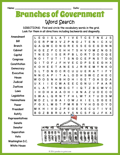 Three branches of us government word search puzzle worksheet activity made by teachers