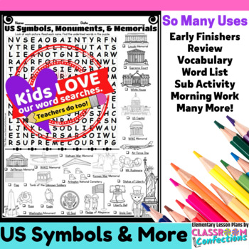 Us symbols monuments and memorials word search american symbols