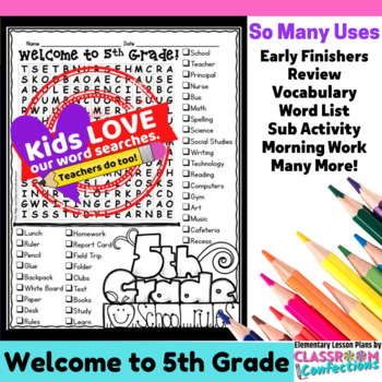 Wele to fifth grade word search activity distance learning tpt