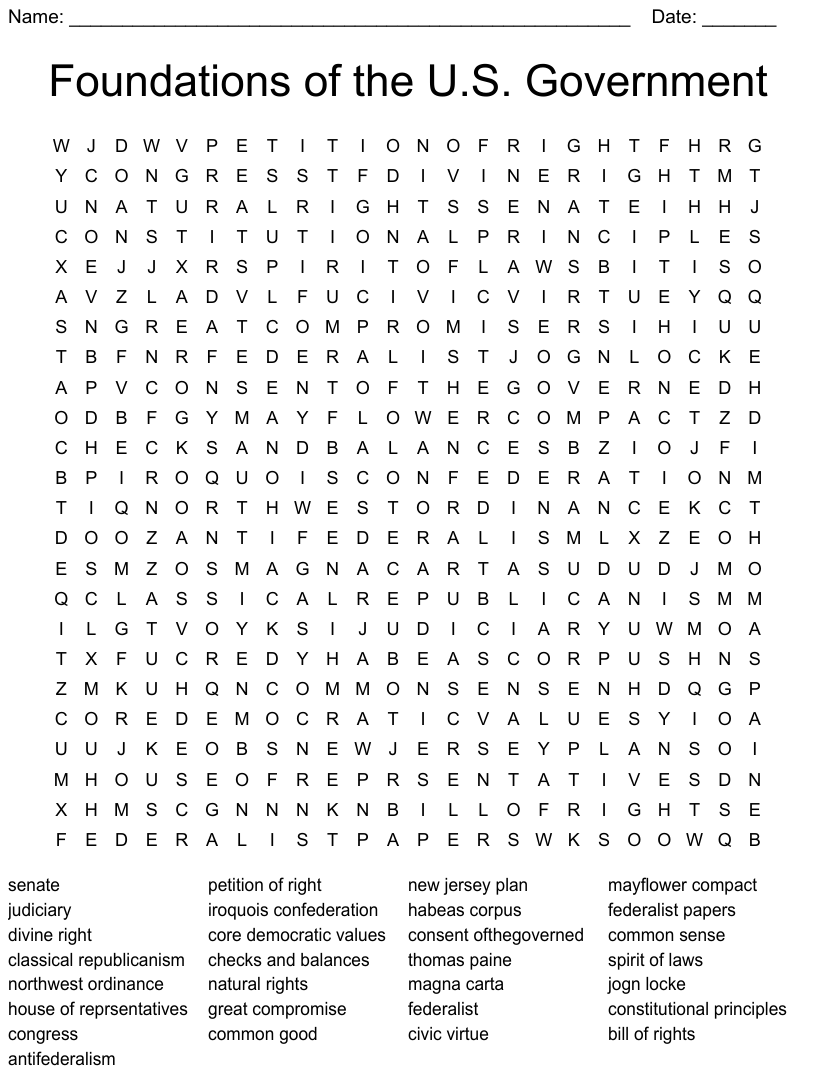 Foundations of the us government word search