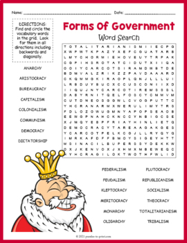 Types of government word search puzzle worksheet activity by puzzles to print