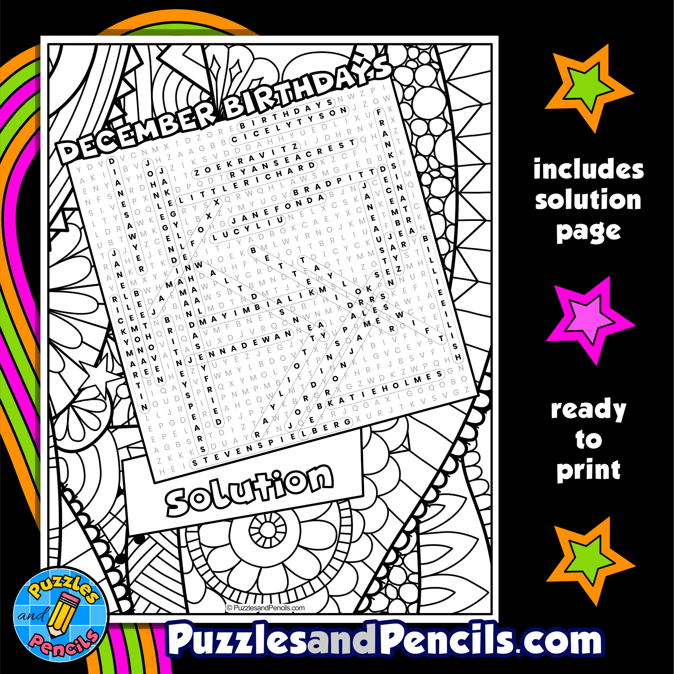 Famous december birthdays word search puzzle activity page with coloring made by teachers