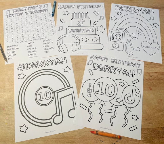 Tiktok birthday coloring pages set of custom coloring pages and personalized tiktok birthday word search