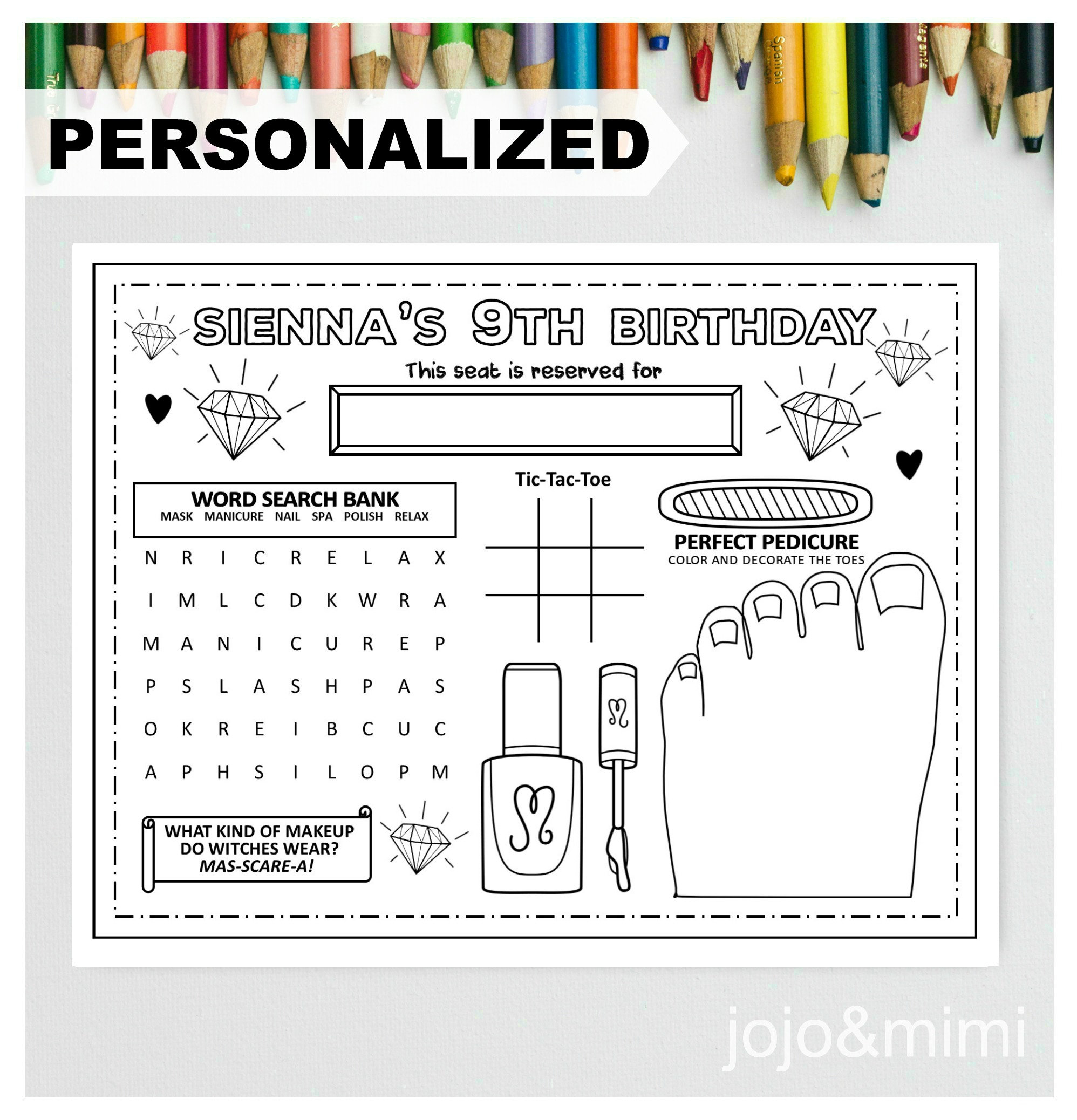 Personalized spa happy birthday printable placemat activity
