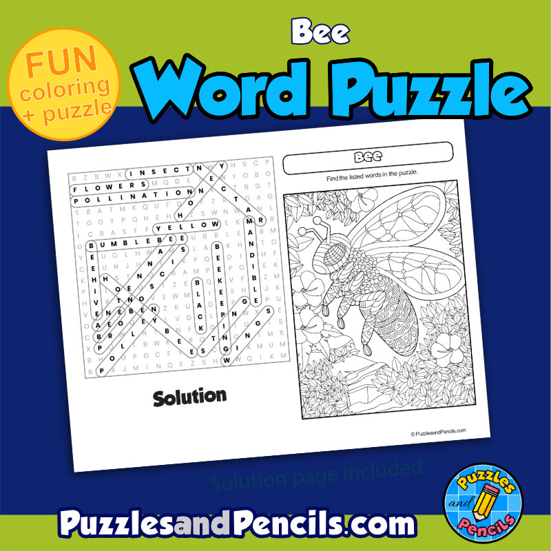 Bee word search puzzle activity page and coloring insect wordsearch made by teachers