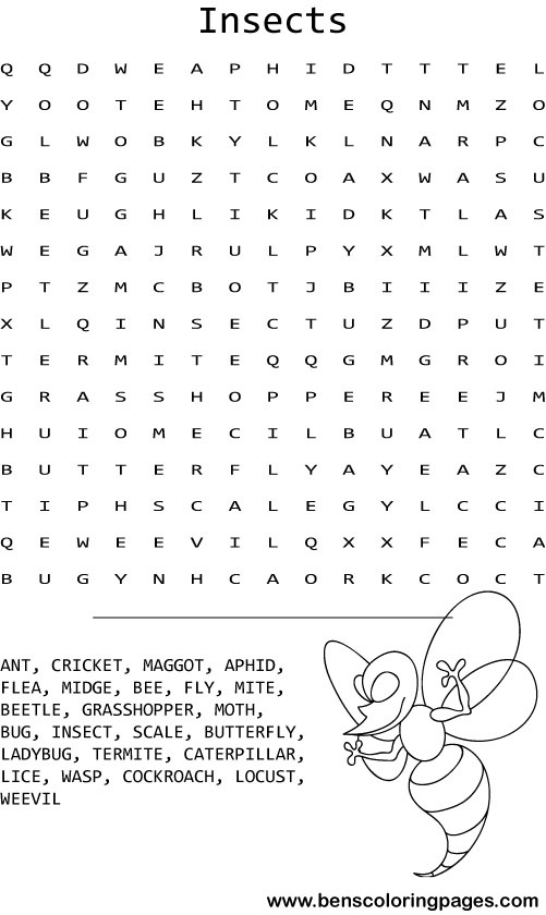 Insects word search coloring pages